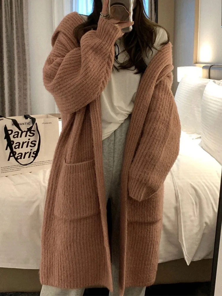 Women Hooded Sweater Cardigan Midi Length Coats Knitted Casual Jumper Full Sleeves Loose Y2k Elegant Office Lady 2025 Autumn