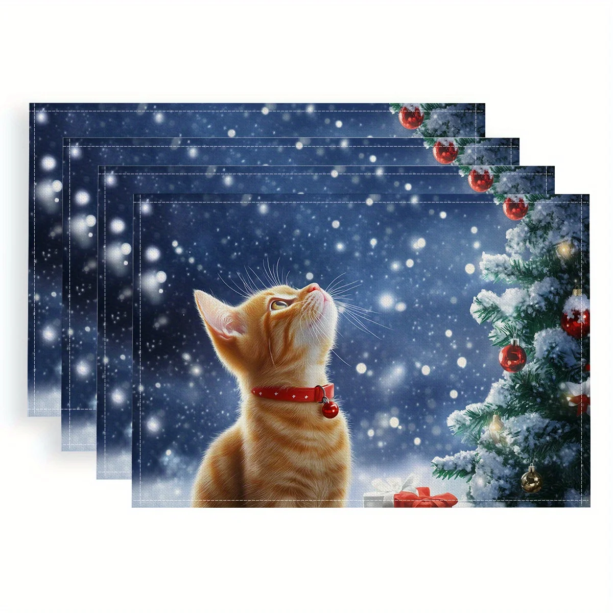 Christmas Placemats with Cat Tree Snowflake and Gift Patterns, Polyester Fabric, Digital Printing, Size 45x30cm Holiday Table