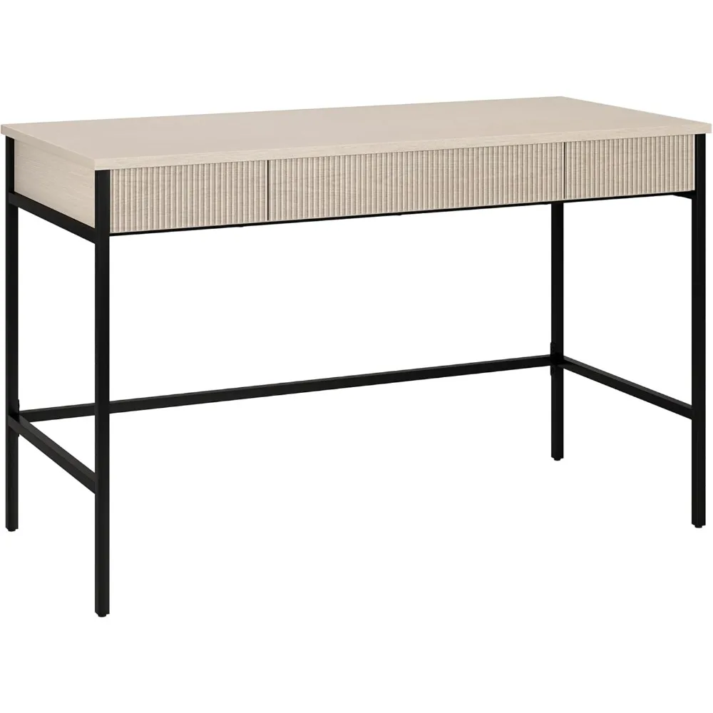 

48 inch flute, medieval modern rectangular wooden home desk, computer desk, writing desk with 3 ribbed storage compartments