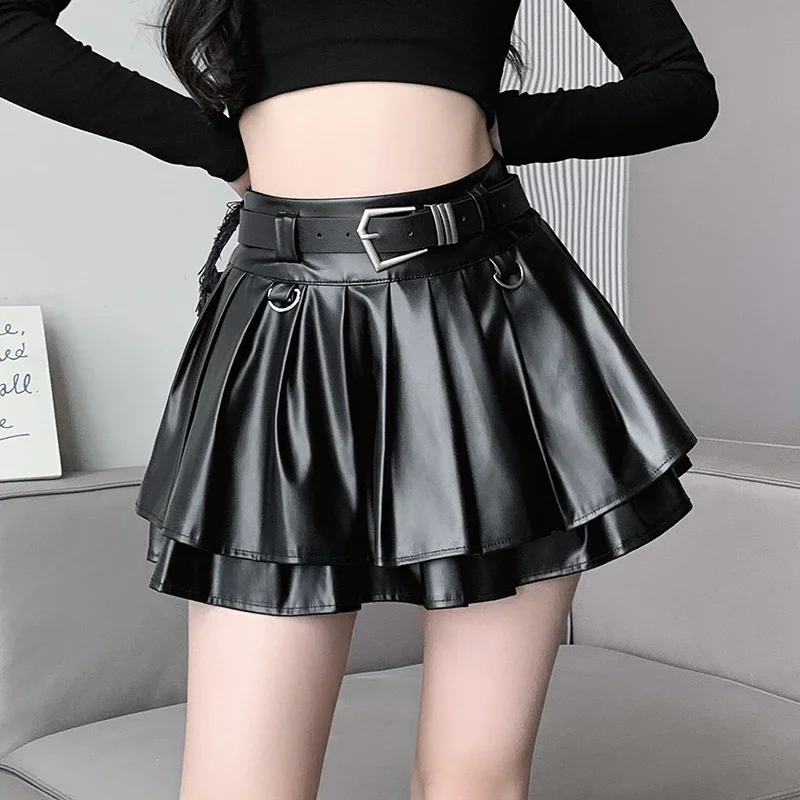 2024 Autumn Cool Silver PU Leather Mini Skirt Women Belt High Waist Pleated Skirts with Shorts Streetwear Y2K Jupe Femme