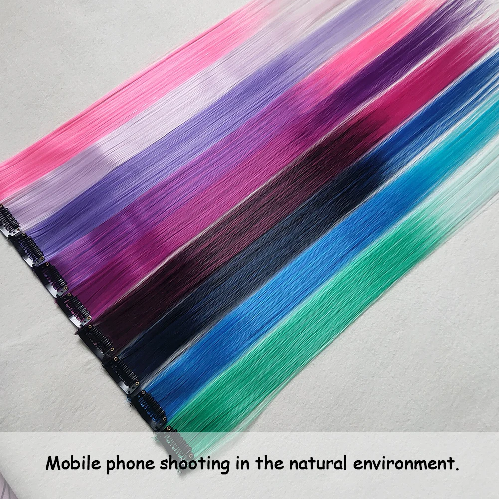 18 Colored Synthetic Ombre Clip In Hair One Piece Long Straight Rainbow 22 Inch Party Highlights Extensions For Women Kids Girls image 6