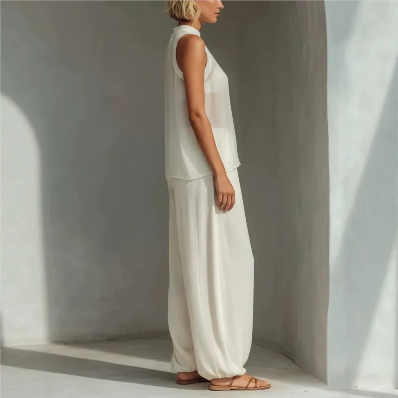 2026 New Summer Women's Long Pants Set Solid Color Sleeveless Casual Loose Elegant Temperament Breathable Unique Long Pants Set view 3