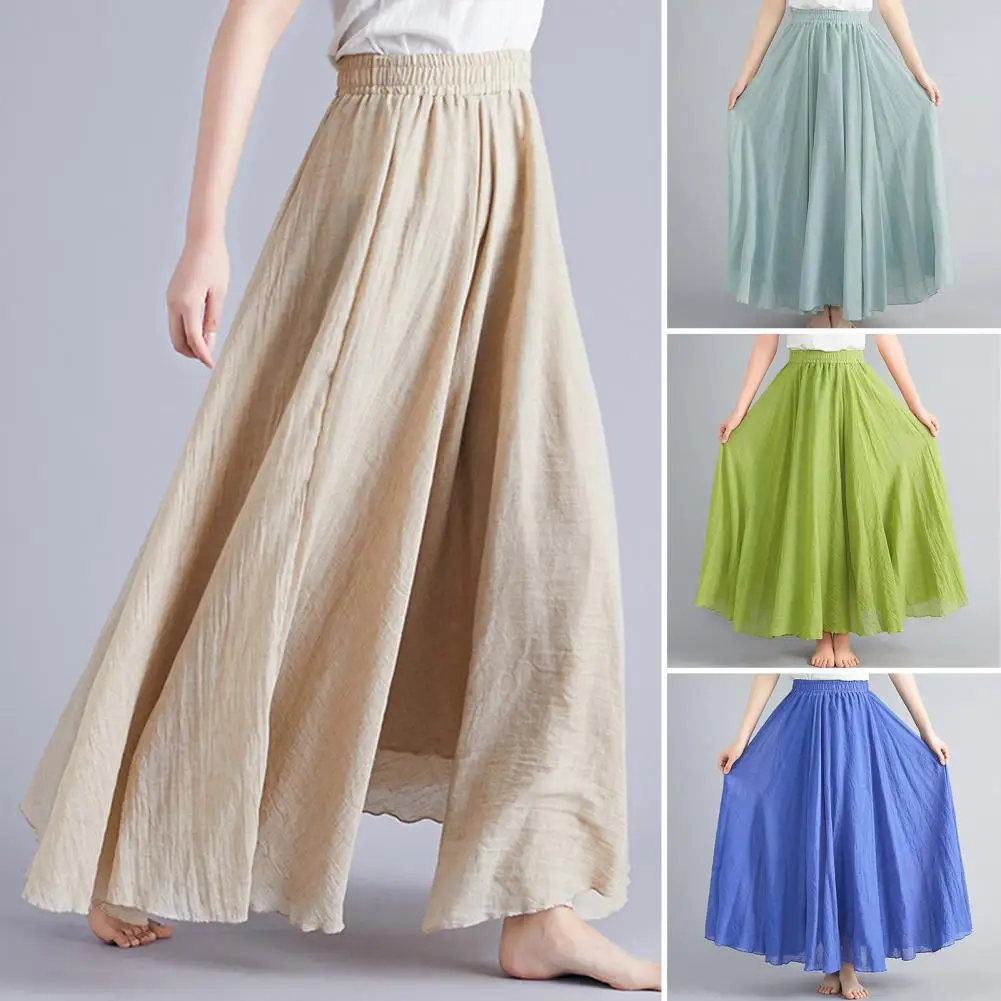 Fresh Cotton Linen Solid Color A-Line Skirt Women's Fashion Elastic Waist Double Layer Long Umbrella Skirt Comfortable Casual