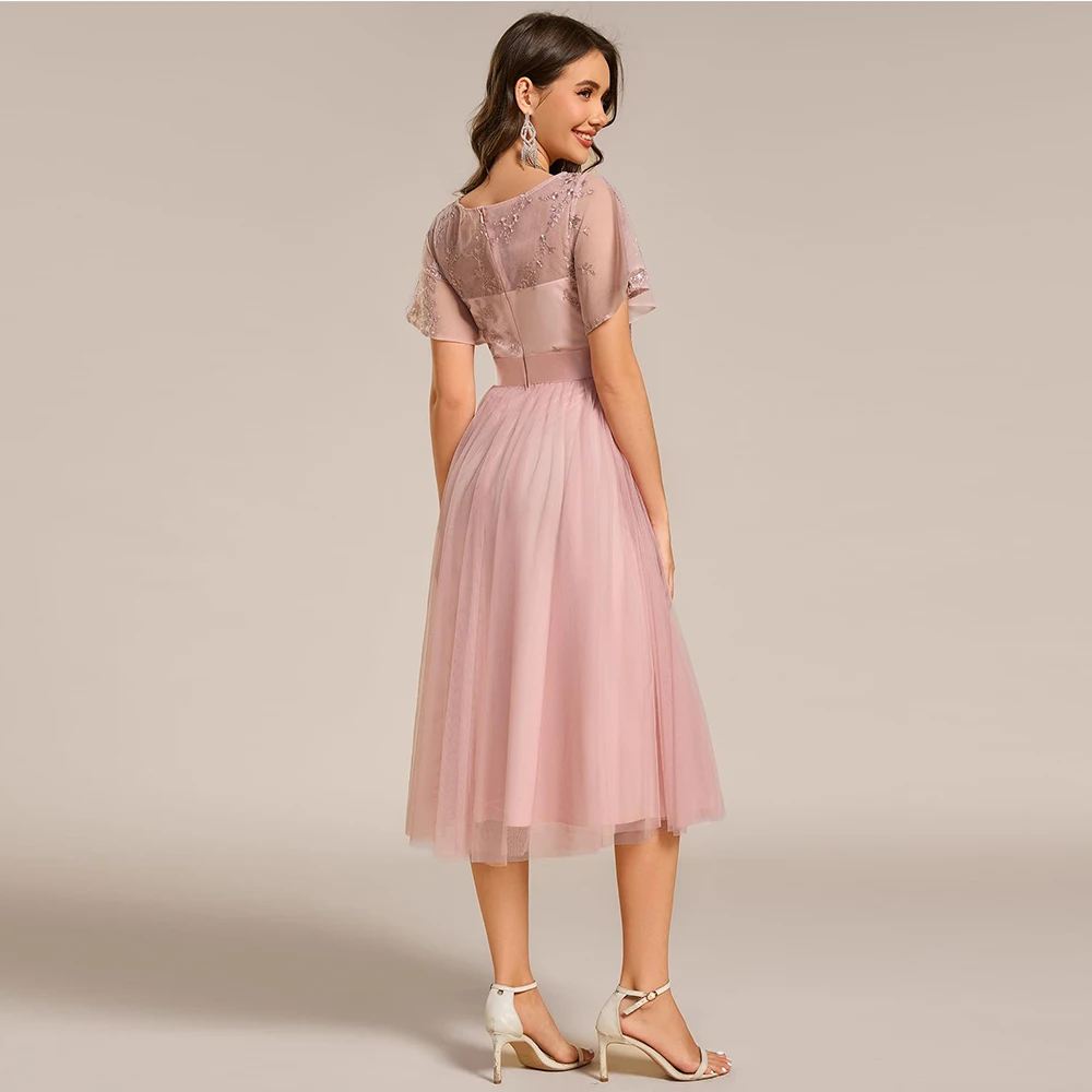 Customized Women's Round Neck Lace Applique Short Sleeve A Line Tea-Length Cocktail Dress Mother of The Bride Dresses 2025