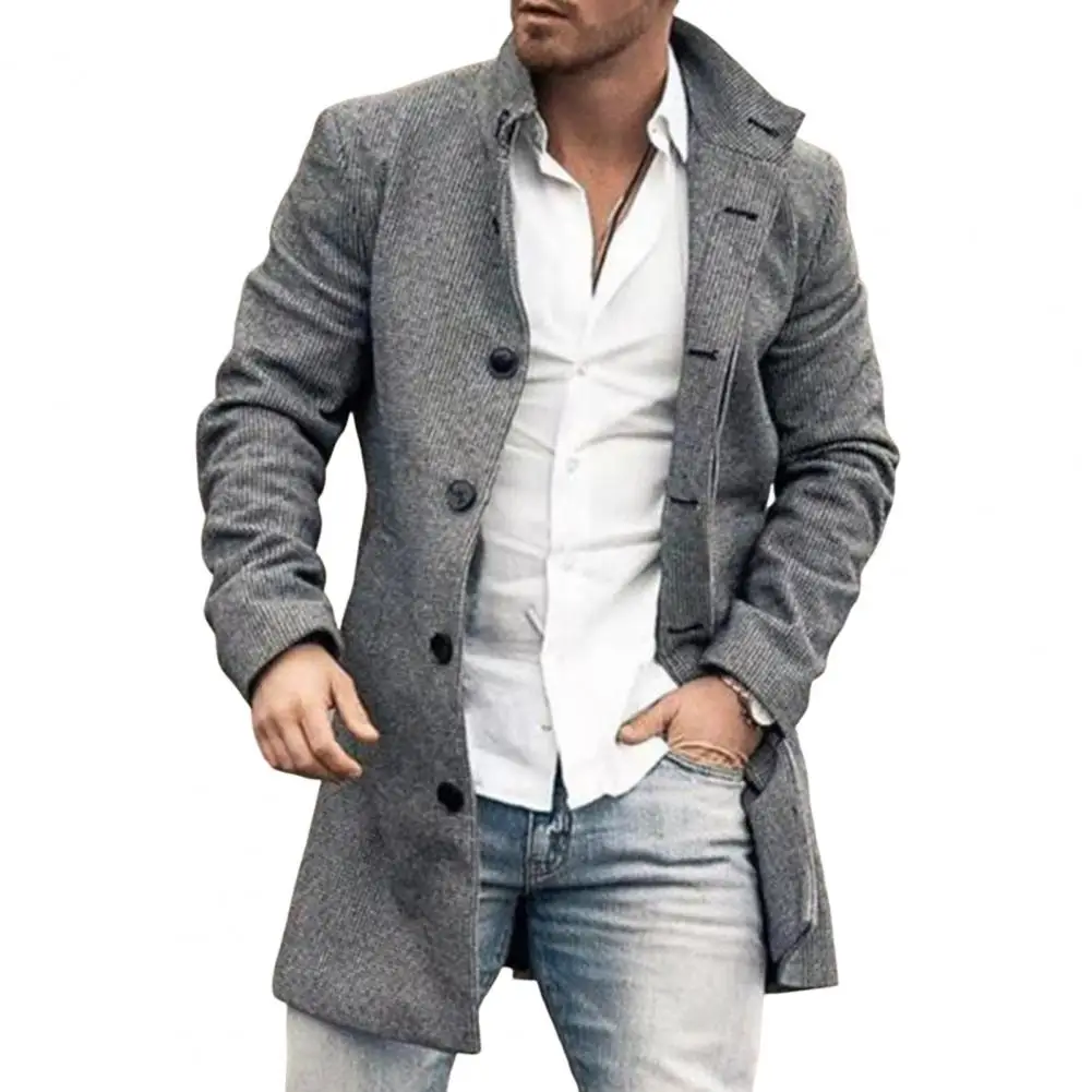 Popular Men Overcoat Autumn Winter Coldproof Pockets Jacket Turndown Collar Male Trench Coat for Daily Wear
