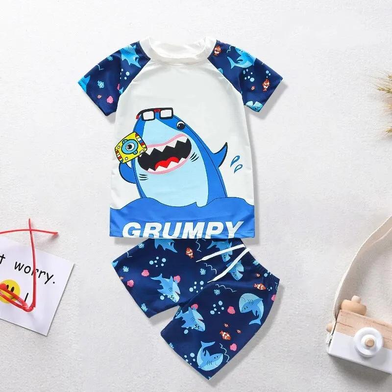 Summer Children's Swimsuit Boys Split Short Sleeve Medium Children Cartoon Cute Quick Drying Boys Swimsuit Set