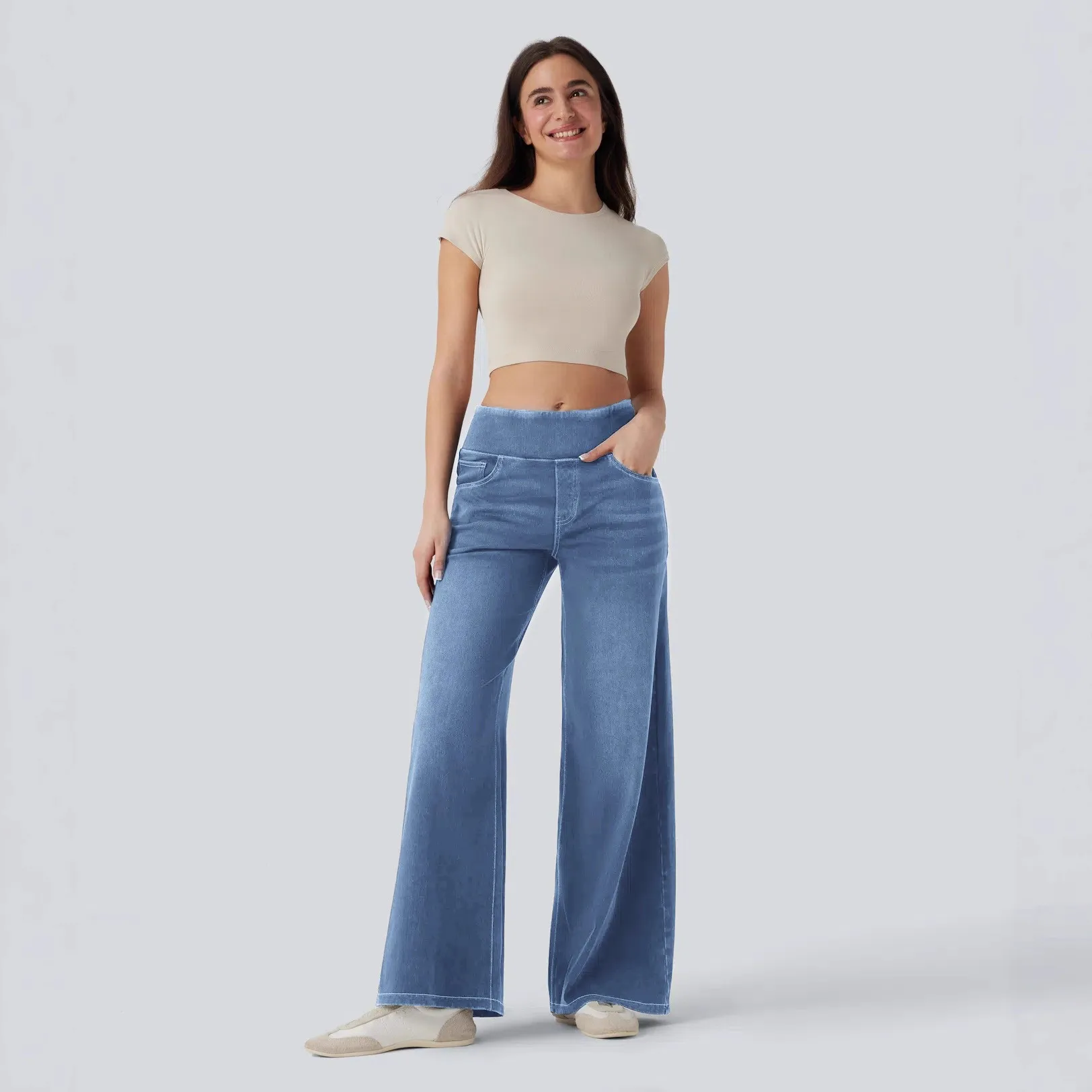 Zipper Wide Leg Jeans Full Length Elegant with High Waist Seam Regular Thickness American and European Style Summer Women Jeans