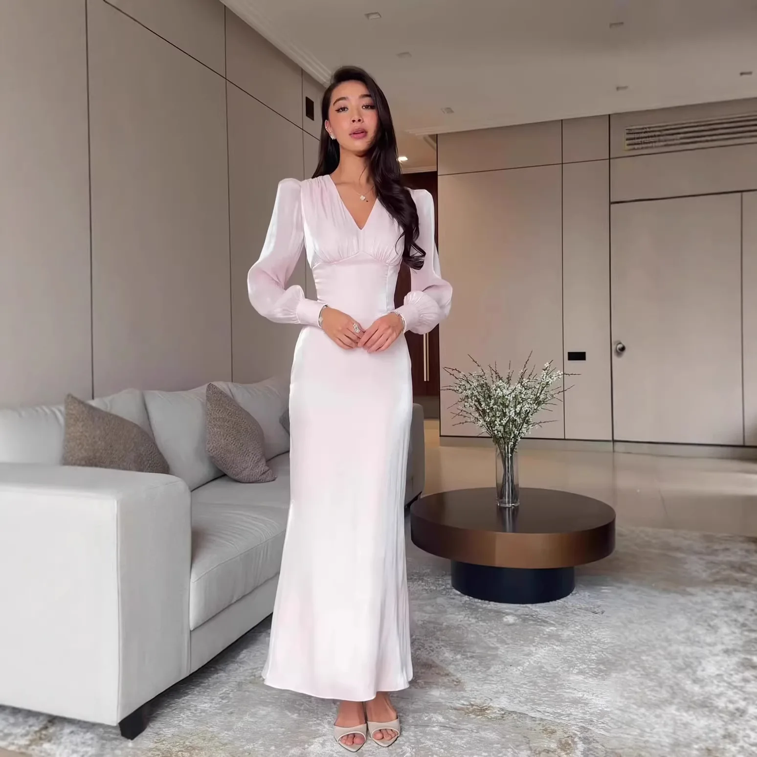 

2026 Elegant Party Spring New Solid Color Elegant Gentle Long-sleeved Long Dress Comfortable Dress Ramadan Dubai Luxury Islam El