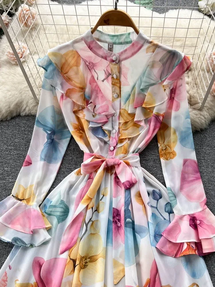 

New Ruffles Flower Party Dress Women Long Flare Sleeve Vacation Stand Collar Floral Print Chiffon Fairy Vestidos