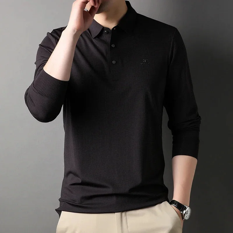 Seamless High Elastic Ice Silk Long-sleeved T-shirt High-end Men's Autumn Thin Style Free Ironing Mulberry POLO Shirt