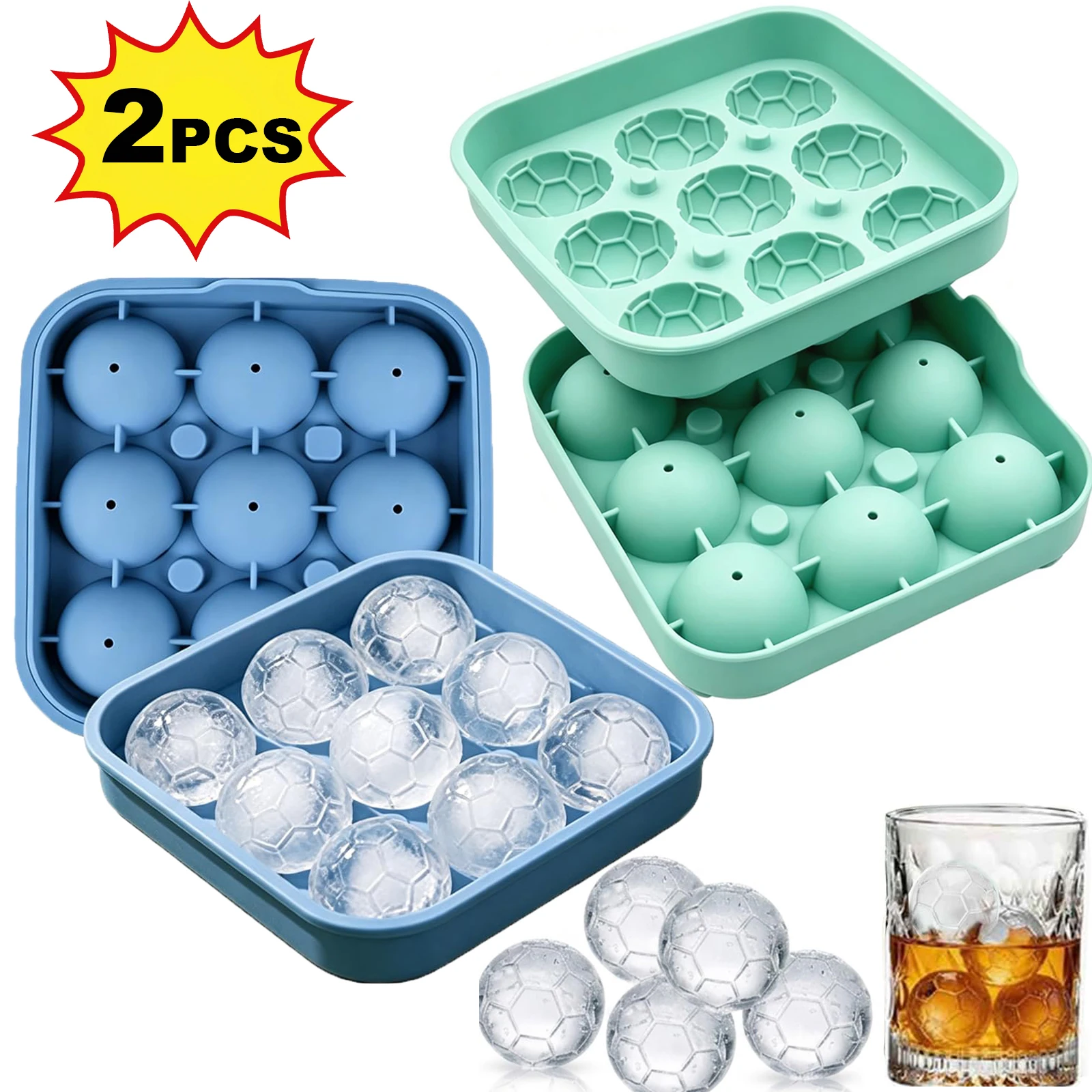 9 Grids Soccer Ice Ball Mold Silicone 3D Football Sphere Ice Cube Tray Large Ice Ball Tray for Whiskey Cocktail Drinks