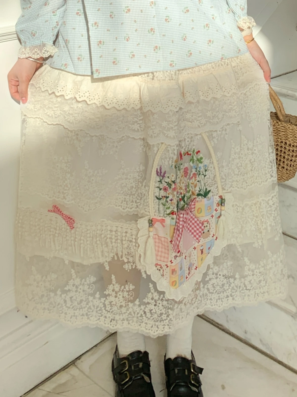 Vintage Victorian Rococo Ruffled Lace ดอกไม้เย็บปักถักร้อย Patchwork กระโปรงยาว Retro Chic Cottage Core Sweet Lolita Midi กระโปรง