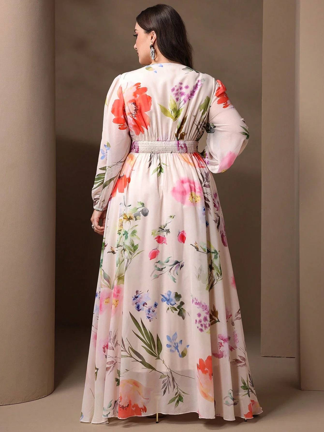 

Plus Size Floral Print Long Sleeve Floor Length Elegant Dress For Spring Autumn