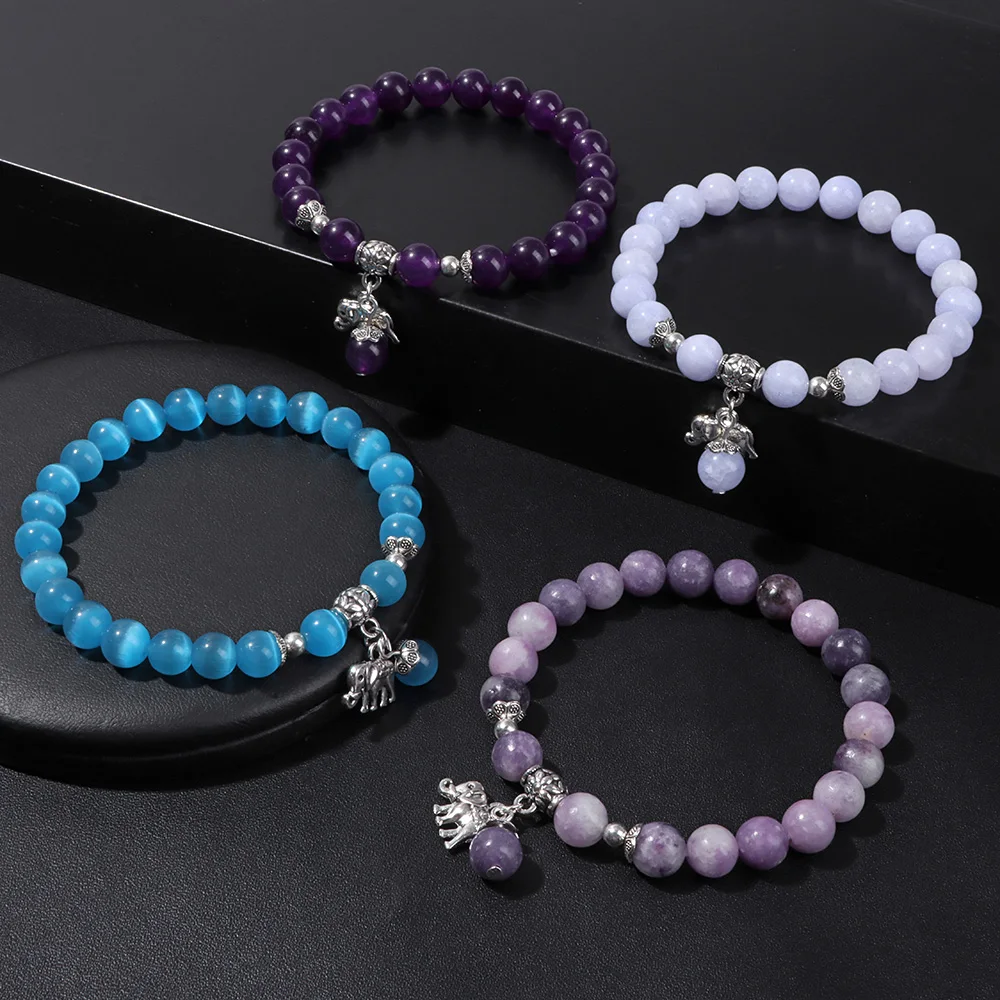 Bracelet perlé en pierre naturelle pour femme, perles de jades, breloques éléphant, bracelets de prière Reiki, cadeau de bijoux, quartz rose amazoging, 8mm