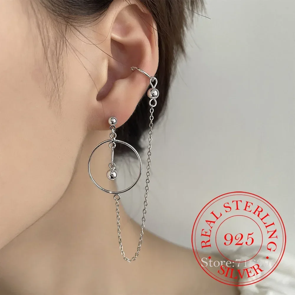 925 Sterling Silver Long Tassel Lines Swing Ball Stud Earrings for Women Girls Piercing Jewelry Women's Party Wedding Pendiente