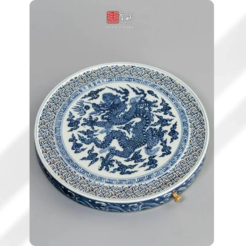 Holy Mountain Antique Blue White Minglong Cut Out Wet And Dry Ceramic Set Round Tray Handmade Tea Making Table