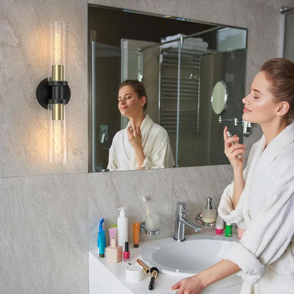 أضواء الحمام المزدوجة الخفيفة باللونين الأسود والذهبي مع شمعدانات جدارية وتركيبات نحاسية حديثة تتميز بظلال زجاجية #4