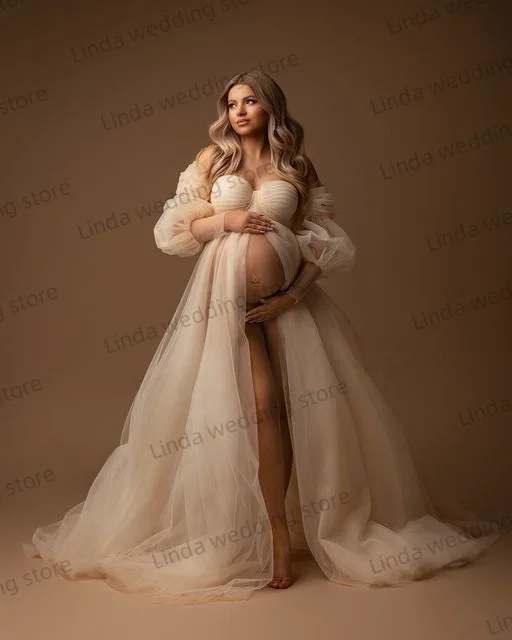 Sweetheart Maternity Gowns Champagne Tulle Vestidos de Noche Photoshoot  Babyshower Gowns Women Photography Dressing Wear