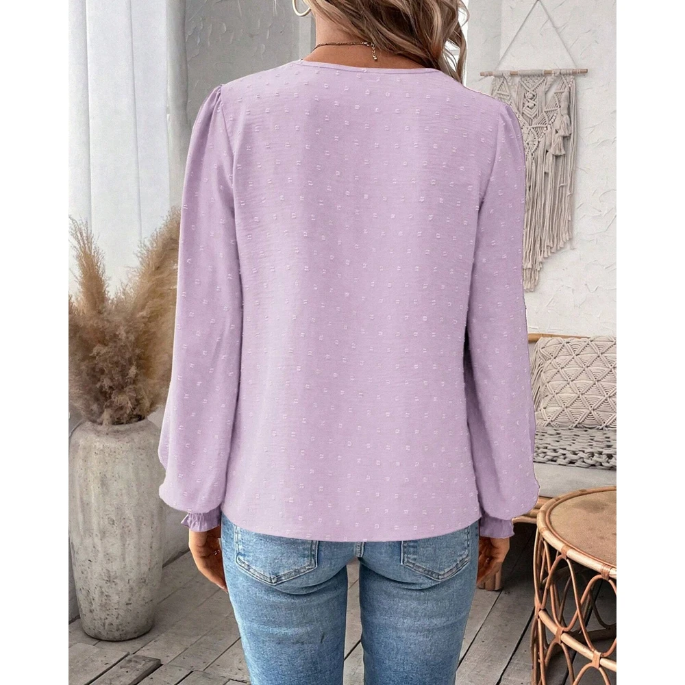 Jesień Kobiety Kontrastowe Koronkowe Falbany Ruched V Szyja Latarnia Rękaw Bluzka Moda Elegancka Femme Solid Color Street Wear Top Traf