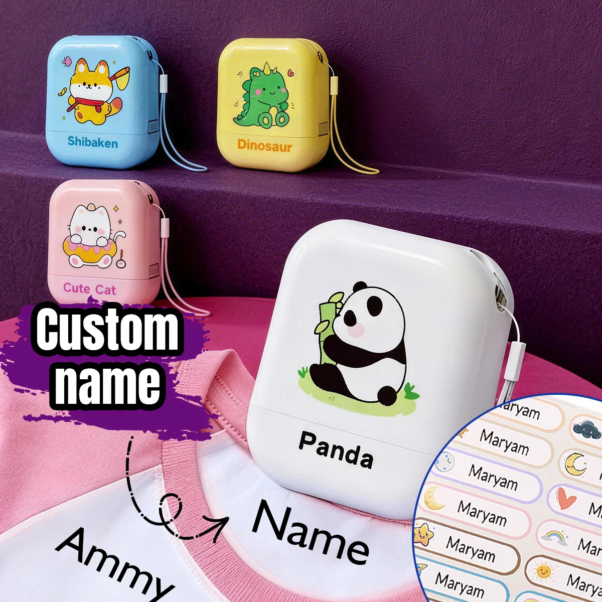 1 Stempel + 100 Namensaufkleber, personalisierte Namensstempel, Cartoon-Namensstempel, personalisierte Stempel, wasserdichte Namensstempel für Kleidung