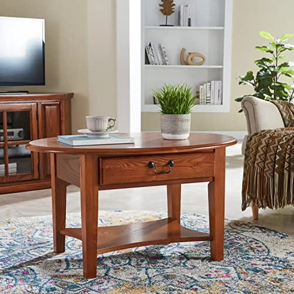 Solid Wood Coffee Table with Storage Drawers Hand Applied Rustic Oak Finish Compact Size Dovetail Joinery Easy Assembly