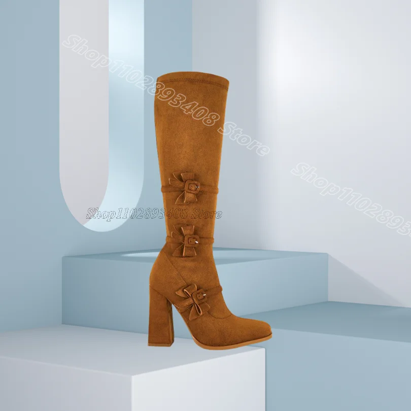 

Brown Bowknot Decor Fur Boots Chunky Heels British Style Women Elegant Summer Casual Party Knee Boots 2025 Zapatos Para Mujere