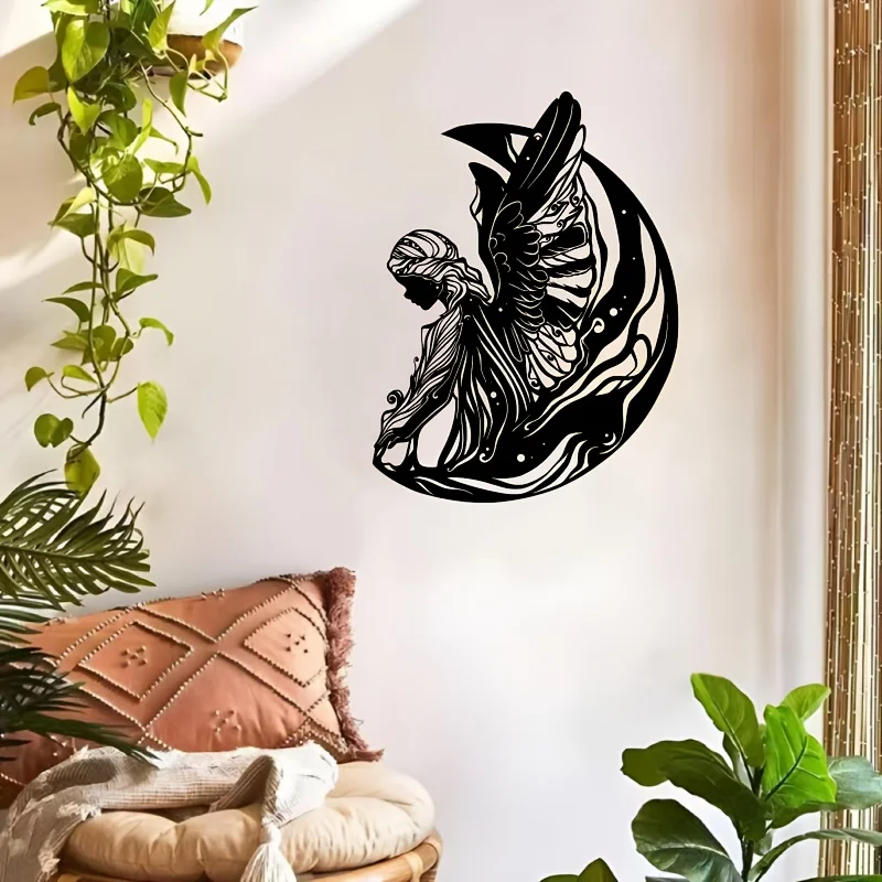 Angel and Moon Metal Wall Sculpture, Art Deco Geometric Silhouette Metal Wall Art, Hanging Decor for Living Room
