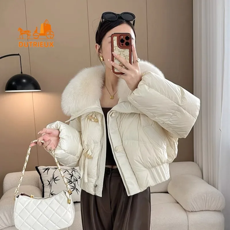 New Winter Down Jackets for Women, Short Fox Fur Large Lapel 90 White Goose Down Jacket Elegant Temperament Coat for Women Party