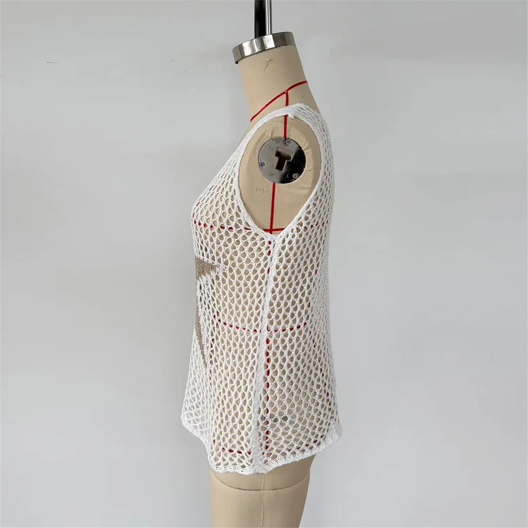 Ärmelloses, gestricktes Tunika-Oberteil mit Sternenmuster, ideal als Stranddecke oder als Oberteil für den Strand, Damenmode, V8517. – Detail 8