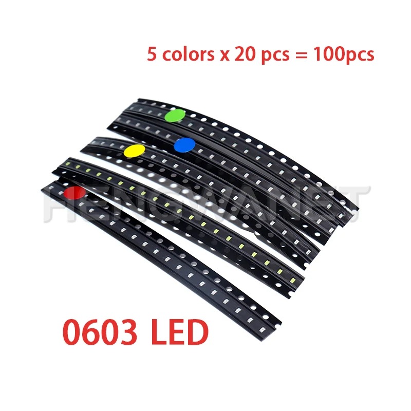 100 Stück 0603 0805 1206 1210 5730 5050 SMD LED Leuchtdioden-Set 5 Farben Miniatur-LED Rot Weiß Gelb Grün Blau