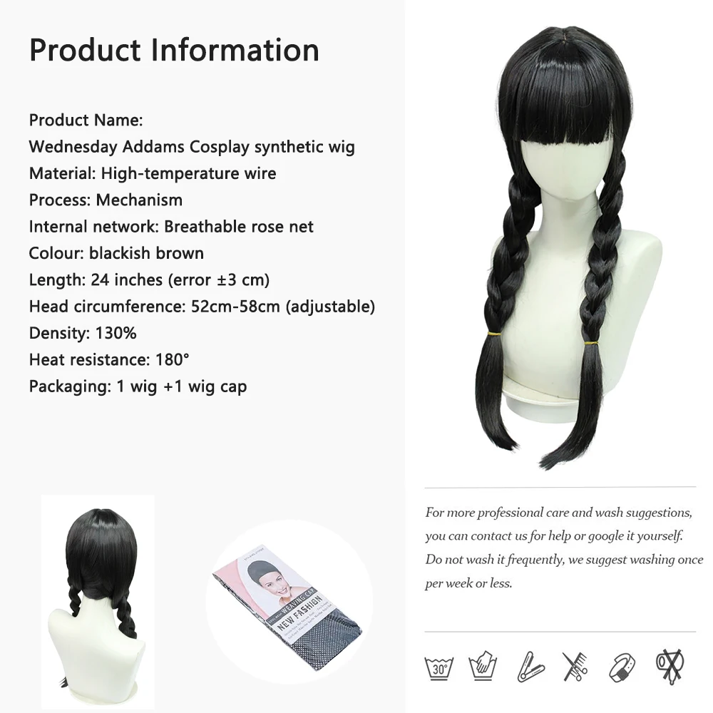 アダムス コスプレ 人工毛、23 インチ ブラックとブラウン、前髪と三つ編み付き、女性の日常パーティーに適した耐熱ウィッグ