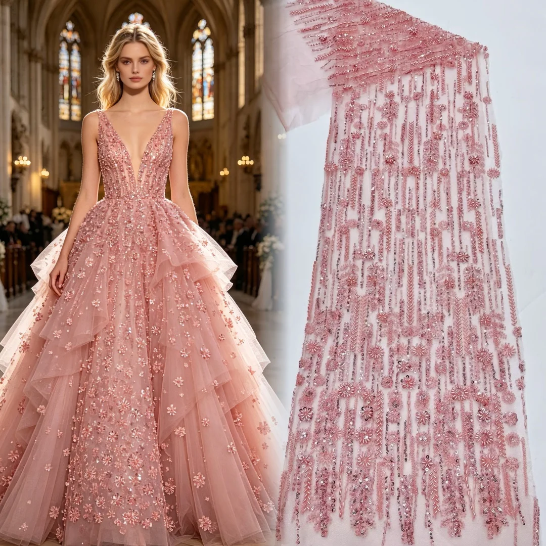 

Luxury Beads Mesh Lace Fabrics Pink Lace Nigerian African Tulle 2026 French Tulle Beaded Net Lace for Women Evening Dress