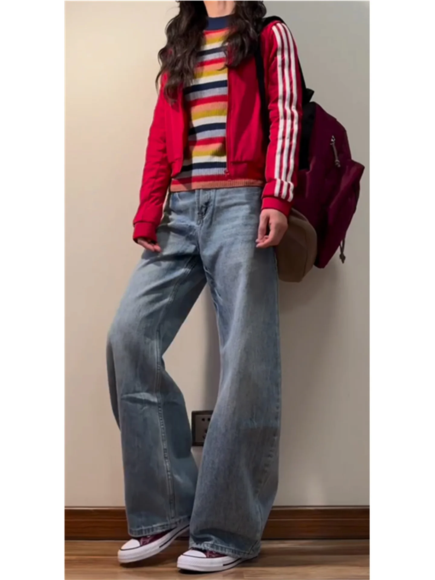 

Американские винтажные джинсы для высоких женщин, свободные, с широкими штанинами, весенняя коллекция, с низкой посадкой, из хлопковой ткани, мягкие на ощупь, деним с эффектом потертости.