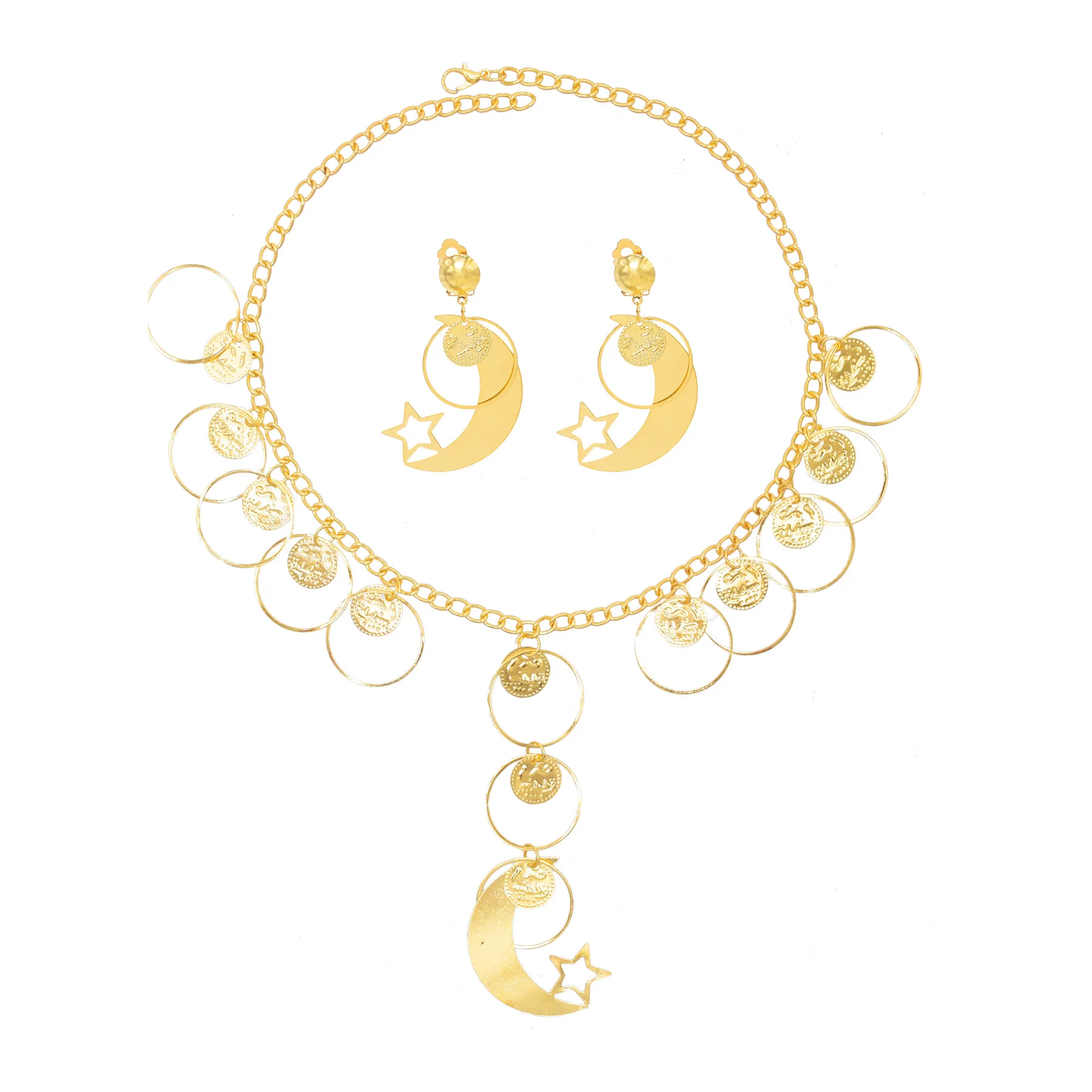 Vintage Central Asian Star Moon Choker Coin Moon Style Sweater Chain Alloy Jewelry Necklace Earring Set Fashion Forward