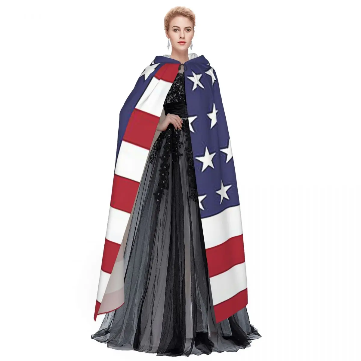 American Flag Graphic Design Long Hooded Cloak Witch Medieval Costume Cosplay Cape HalloweenVampire Adult Unisex