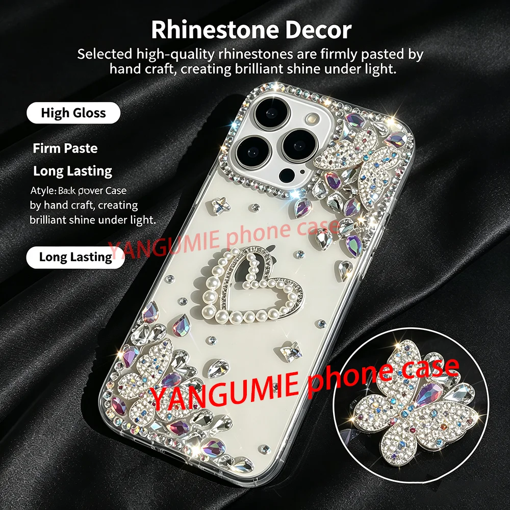 Butterfly Pearl Heart Strap Bracelet 17 Pro Max Rhinestone Phone Case for iPhone 16, Apple 15, Light Luxury INS Style 14P