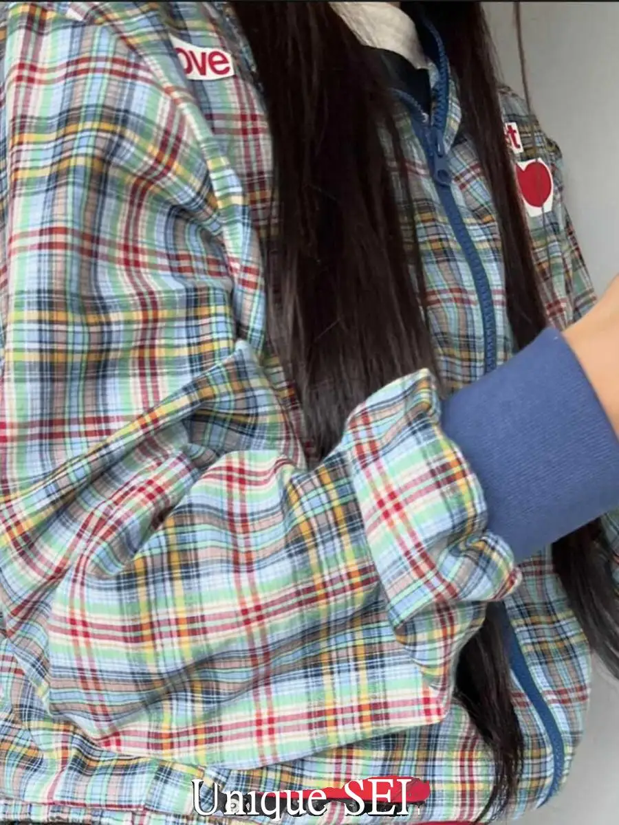 

SEI Street Retro Heart Patchwork Color Blo Casual All-Match Hooded Zipper Jaet Cheered Pattern Long Sve Commute Sle