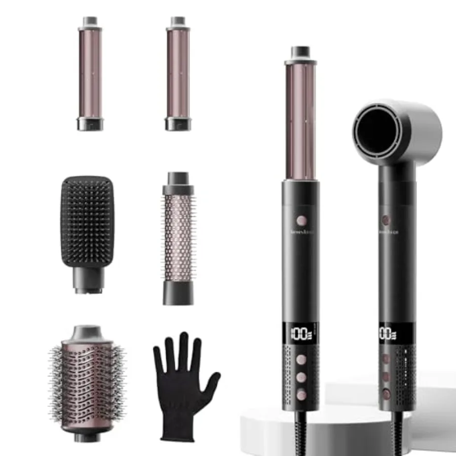 

6 in 1 Blow Dryer Brush Set Powerful Hair Dryer Brush with Auto-Winding Curl L/R Fast Drying Smooth Blowouts Root-Lift Volume N