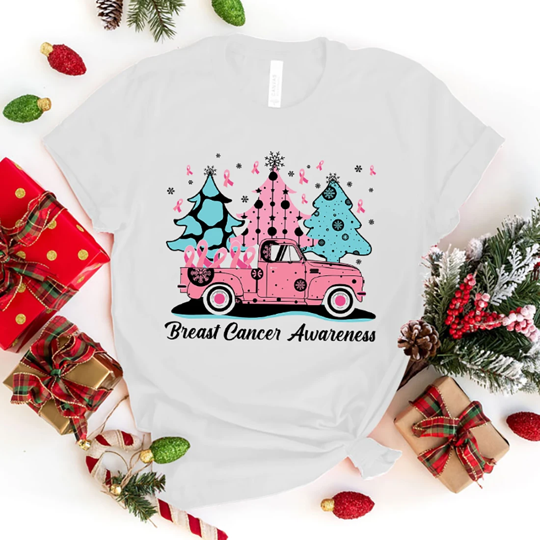 

New Christmas Breast Cancer Awareness T Shirt Christmas Breast Cancer Awareness Print T-Shirt Unisex Summer Casual O-Neck