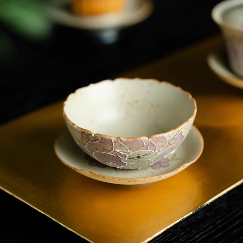 Flambe Red Glaze Ceramic Tea Cup Set Hand Painted Nine Tailed Fox with Matching Saucer Japanese Style Tea Ceremony Accessory