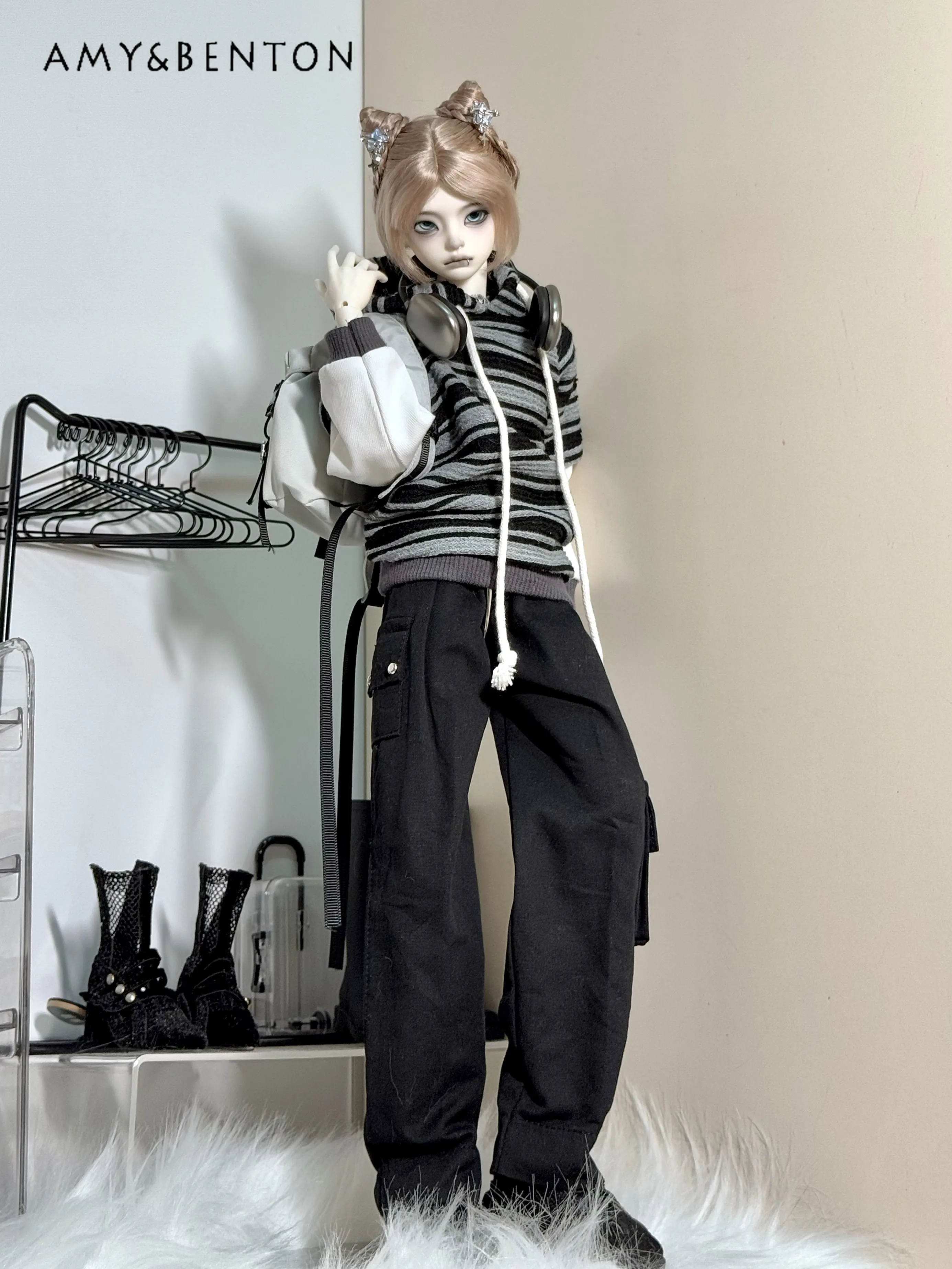 BJD Doll Outfit Set Striped Hooded Fake Two-Piece Top Cargo Pocket Trousers Casual Streetwear Doll Clothes for 1/4 BJD Doll