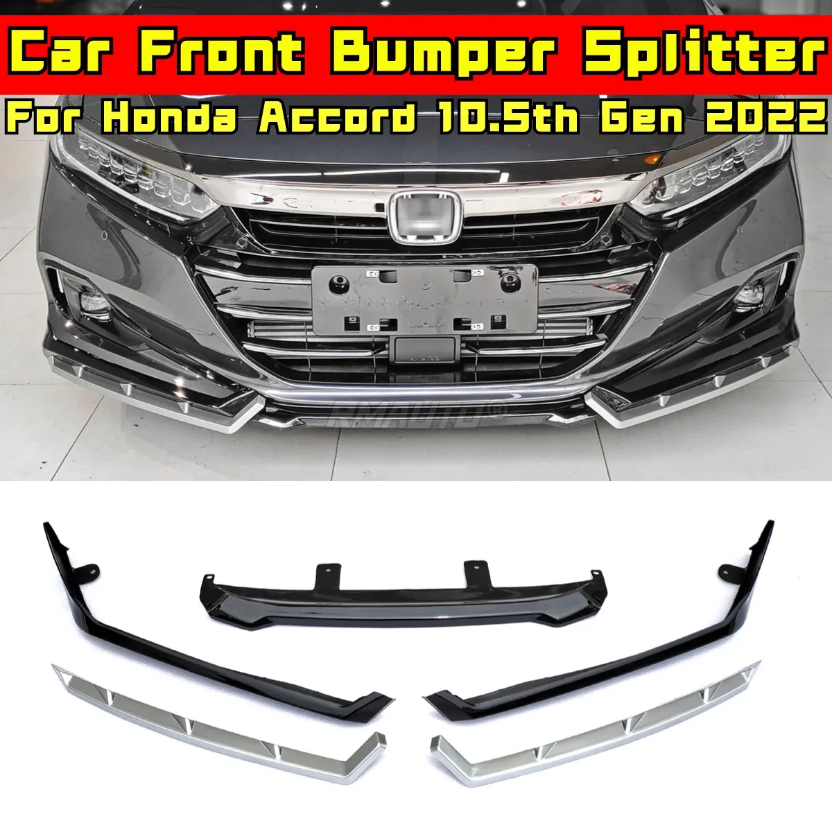 

For Honda Accord 10.5th Gen 2022 Body Kit Front Bumper Lip Glossy Black-Silvery Sport Style Bumper Spoiler Cover Car Accessories