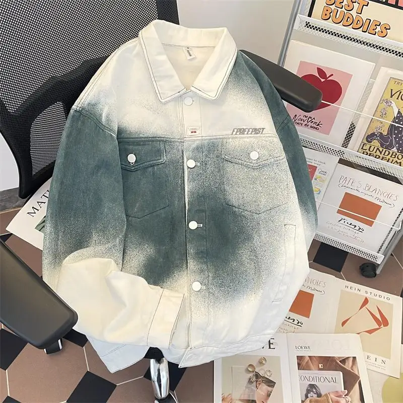 

Ретро-куртка из денима с эффектом тай-дай в уличном стиле, мужская, в американском стиле High Street, с дизайнерским подходом, модная, в стиле хип-хоп, для пар