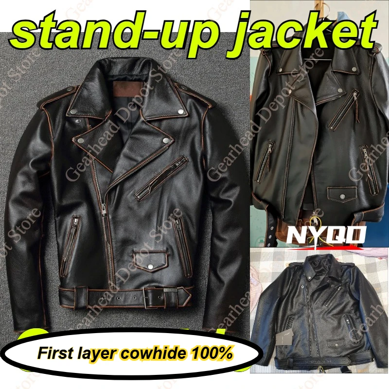 2026 Spring New American Washed Distressed Grain Cowhide Motorcycle Leather Jacket Lapel Collar Diagonal Zipper Men
