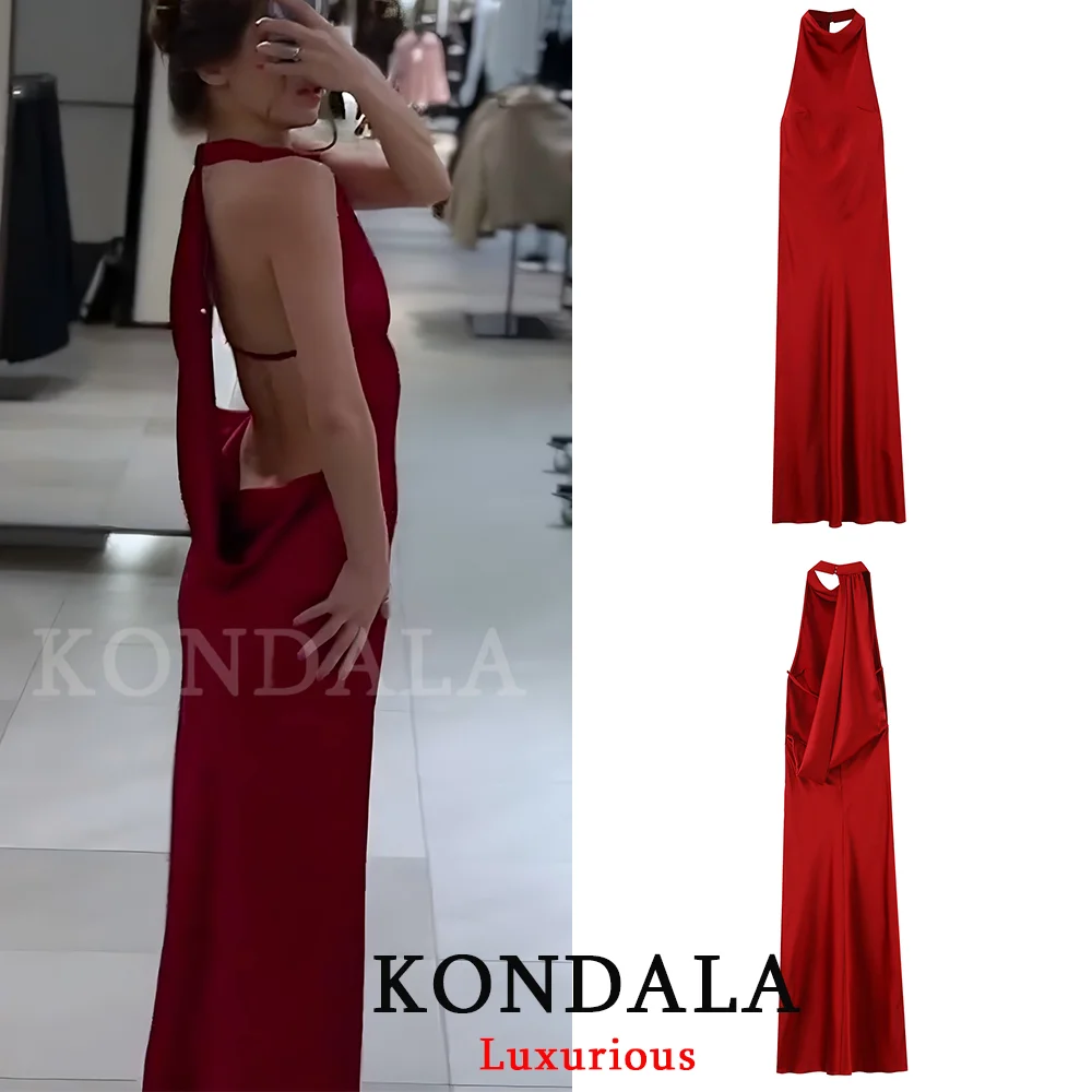 KONDALA elegante vestido de fiesta de satén rojo Halter vestido largo sin espalda moda 2025 Club de noche vestido recto elegante de Año Nuevo