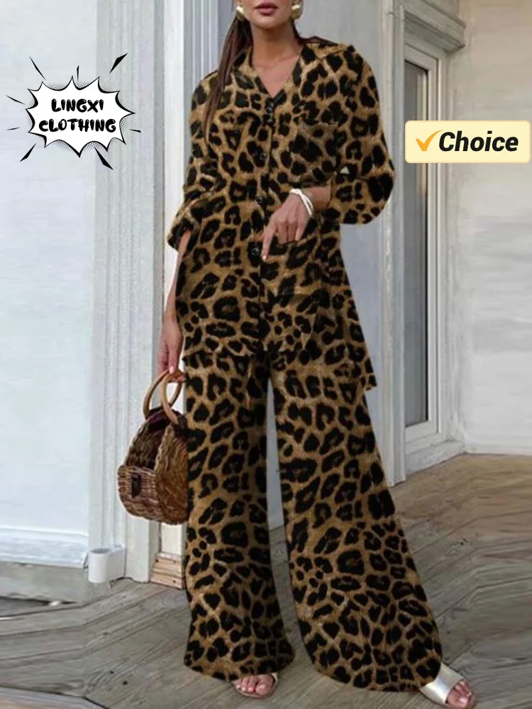 Summer Fashion Collection New Women\'s Wear Matching Collection Leopard Pattern Top Loose Wide Leg Pants Retro Two Piece Set