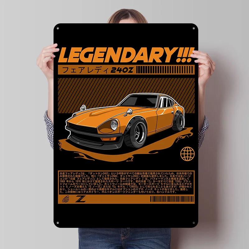 Póster Metálico Lendario del Auto Deportivo Datsun 240Z Naranja, Arte de Pared Personalizado, Letreros Retro Vintage de Hojalata para Decoración de Casa o Cuarto de Hombre