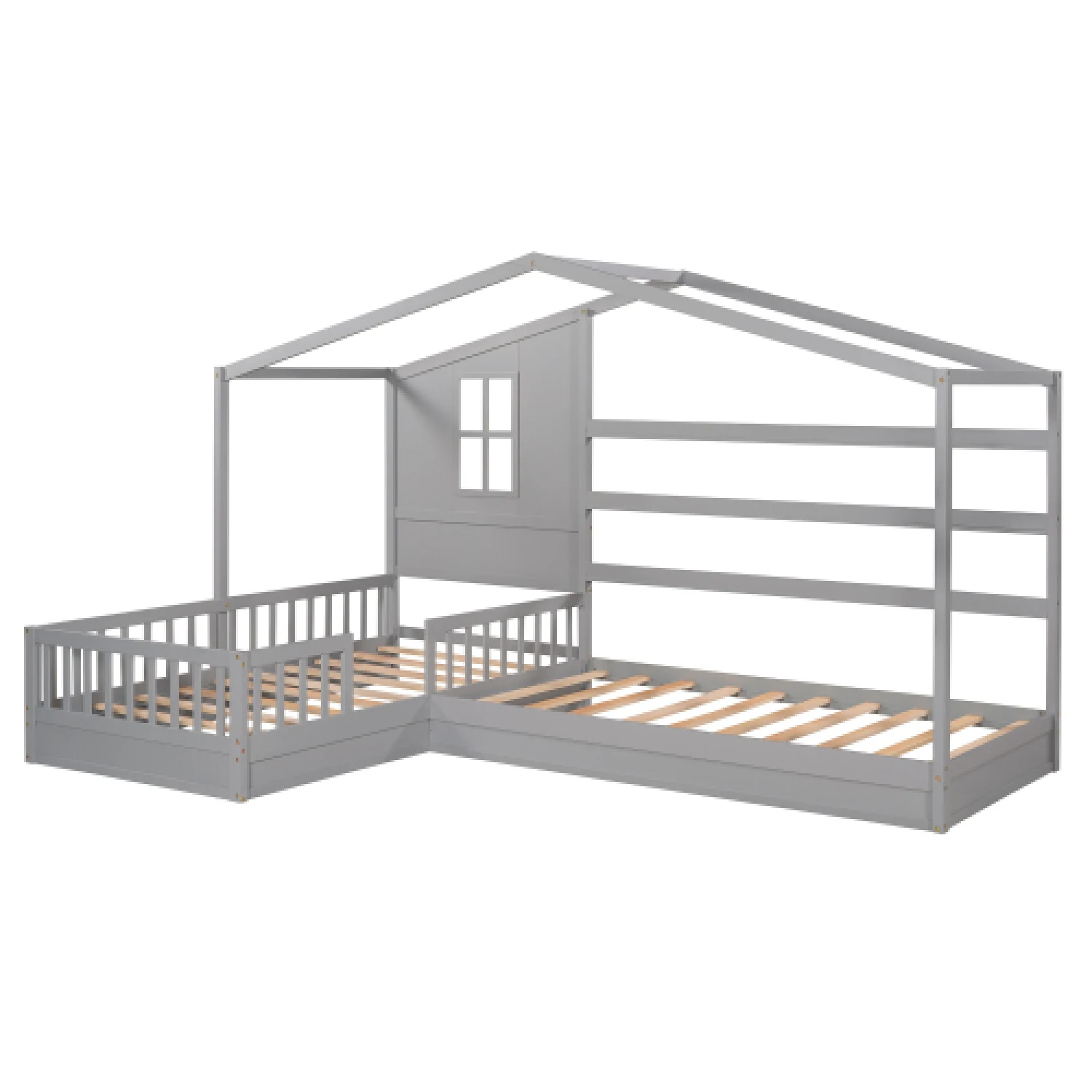 Twin Size Wood House Bed with Solid L Structure, Fence, Slatted Frame - Gray