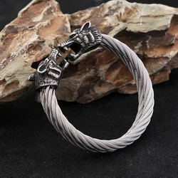Vintage Viking Double Wolf Head Twisted Cable Open Cuff Bangle Bracelet Men's Punk Biker Stainless Steel Jewelry Gifts Wholesale