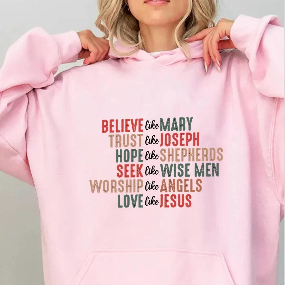 Christian Christmas Hoodie Believe like Mary Sweater Christmas Faith Jesus Sweatshirt Long Sleeve Pullovers Gift For Christian